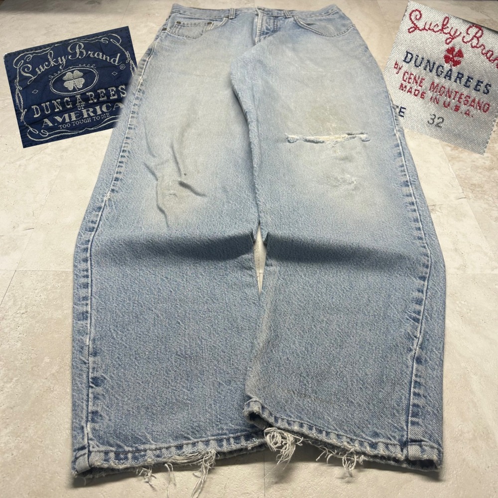 Lucky Brand Dungarees Light Wash Jeans Mens 32 Distressed Made in USA Vintage